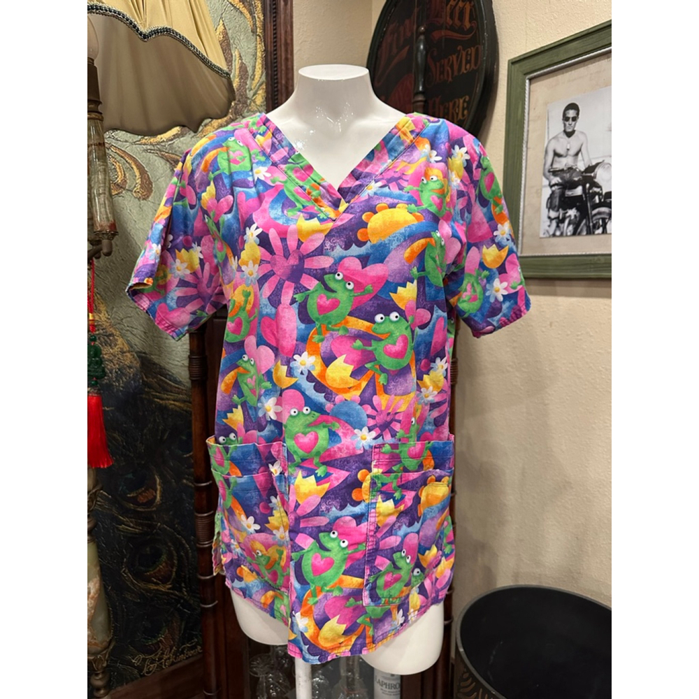 Cottonality Frog Print Tee Women's Short Sleeve Pink Purple M
